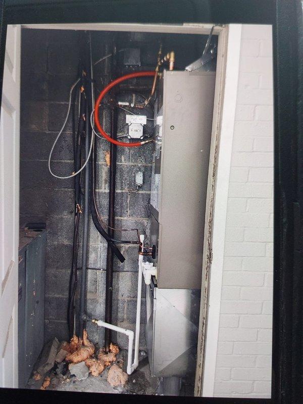 Completed full commercial HVAC system installation including Bryant GA4SAN524 air conditioning unit and BCRMA2124S3N3 water fan coil units for multi-unit facility. Installed new thermostat, ran refrigerant lines through mechanical chase, connected copper piping with insulation to existing water supply infrastructure, and completed all electrical connections including fuse holder assembly. Obtained permit, performed system startup, and verified proper operation of all equipment.