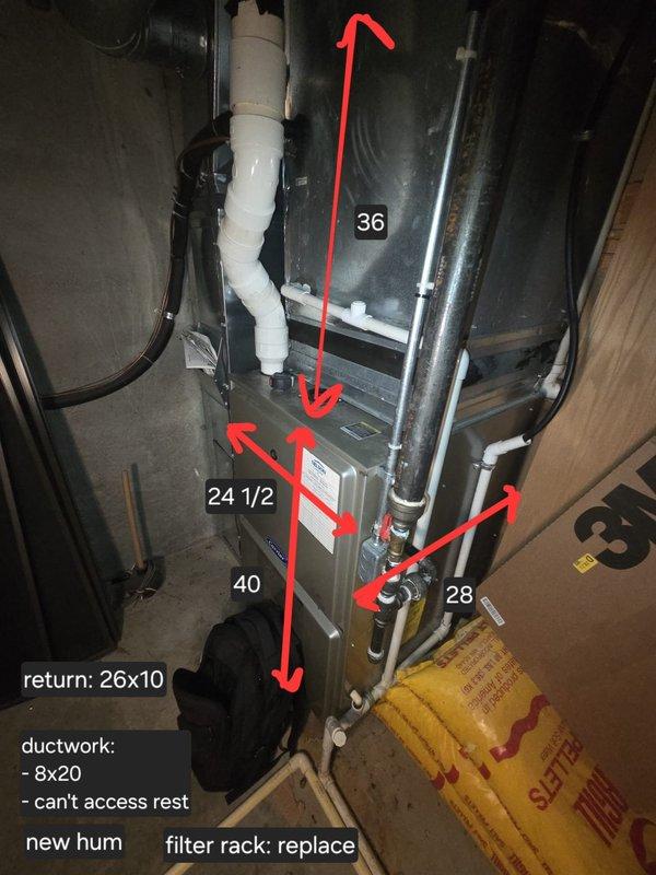Conducted comprehensive evaluation of existing residential HVAC system for complete replacement estimate. Assessed outdoor condensing unit positioned on concrete pad with existing refrigerant lines and electrical disconnect. Evaluated indoor furnace installation in basement, documenting equipment dimensions and clearances including 36" air handler height, 24.5" and 40" furnace measurements, and 28" side clearance. Noted existing 26x10 return air configuration, 8x20 ductwork with limited accessibility to remaining duct runs, and identified need for filter rack replacement and new humidifier installation. Photographed both outdoor and indoor equipment locations to document current system configuration and spatial constraints for replacement planning.