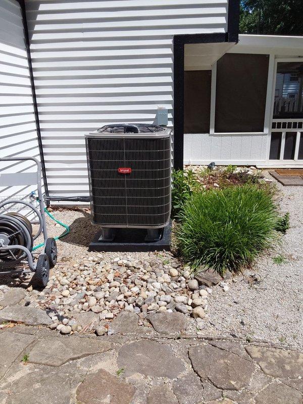 Completed full HVAC system replacement consisting of Bryant Legacy 2.5 ton heat pump system with R454B refrigerant, FJ5 multipoise fan coil with A-coil, and 15kw heat kit installation. Installed new outdoor condenser unit on concrete pad with new disconnect box and fuses. Retained existing filter rack and return drop assembly. Performed nitrogen purge of lineset followed by complete pressure leak test to verify system integrity. Installed new suction line insulation throughout refrigerant piping. Upgraded thermostat to Bryant Ecobee 3 with Intelisense Lite Pro WiFi capabilities for enhanced system control and monitoring. Installed new condensate pump with safety switch. All electrical connections completed to code with proper wire sizing and circuit protection. System startup performed with refrigerant charge verified, airflow balanced, and all safety controls tested for proper operation. Unit operating within manufacturer specifications upon completion.