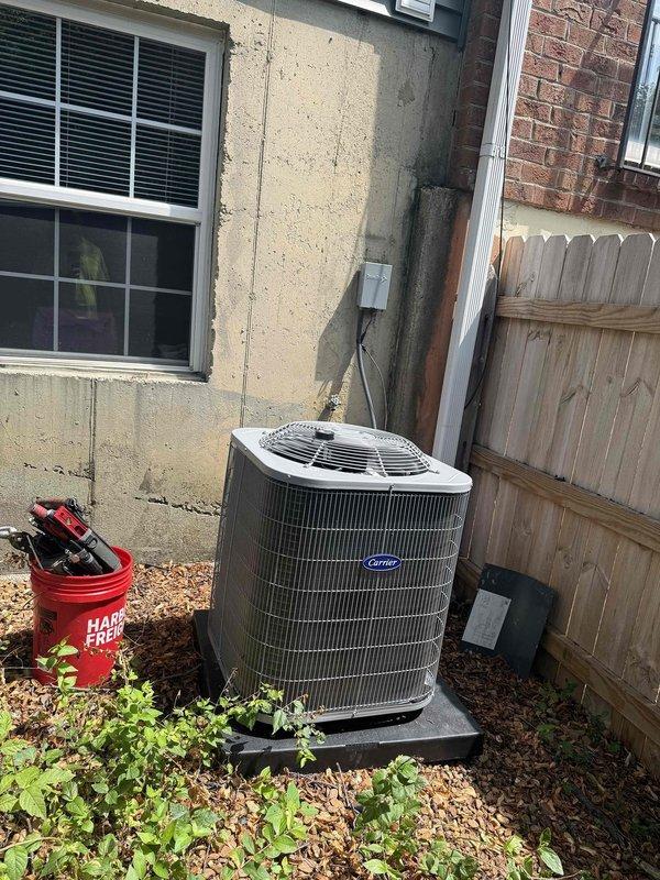 Completed full HVAC system replacement including installation of Bryant GA4SAN524 2-ton 14 SEER condensing unit with R454 refrigerant and Bryant CVAVA2414 evaporator coil with 14" to 17" coil adapter. Flushed and reused existing refrigerant lines, installed outdoor disconnect and whip, and properly disposed of old equipment per EPA regulations. System tested and verified operational with Honeywell thermostat controlling unit effectively.