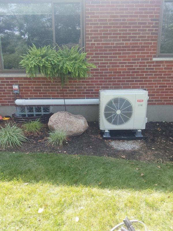 Completed full HVAC system installation including Bryant FT5ANXC36L00 fan coil unit with R454B refrigerant and 37MUHAQ30AA3 ductless outdoor unit. Installed 10kW heat kit (TU-EC-10BKB) and Bryant Ecobee 6 Smart Pro WiFi thermostat for complete climate control. Replaced outdoor unit pad, installed new 10-foot electrical whip, disconnect box, and fuses to accommodate relocated equipment positioning.