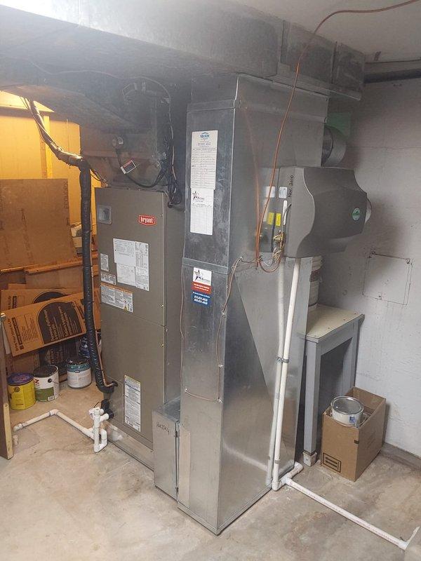 Completed full HVAC system installation including Bryant FT5ANXC36L00 fan coil unit with R454B refrigerant and 37MUHAQ30AA3 ductless outdoor unit. Installed 10kW heat kit (TU-EC-10BKB) and Bryant Ecobee 6 Smart Pro WiFi thermostat for complete climate control. Replaced outdoor unit pad, installed new 10-foot electrical whip, disconnect box, and fuses to accommodate relocated equipment positioning.