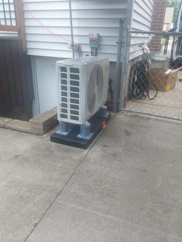 Completed full HVAC system installation including a 916SA48060M17 97% AFUE single-stage gas furnace with constant torque ECM motor, 37MURAQ24AA3 ductless outdoor unit for single-zone application, and CVAVA2417XMA cased vertical V-coil evaporator compatible with R454B refrigerant. Performed nitrogen purge and pressure leak test on refrigerant lineset to ensure system integrity, installed new outdoor condenser pad, replaced disconnect box with new fuses, reconnected system to existing ductwork, and installed new thermostat for system control.