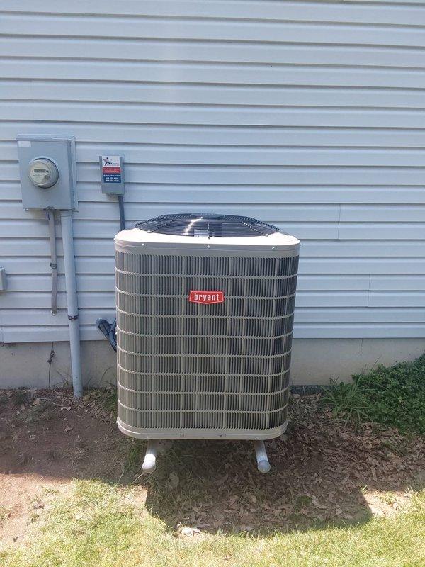Completed full HVAC system installation including Bryant 926TC60100V21 96% AFUE variable-speed two-stage gas furnace with constant torque ECM motor, Bryant 146SAN04200W 3.5-ton single-stage air conditioner utilizing R454B refrigerant, and CVAVA4221XMA cased vertical V-coil evaporator coil. Installed outdoor condensing unit on ground-level pad with proper electrical disconnect and conduit connections to existing meter base, positioned furnace in basement mechanical room with vertical supply ductwork and flexible return connections, mounted evaporator coil to furnace plenum, completed all refrigerant line sets between indoor and outdoor components, verified proper electrical connections and system startup, tested all safety controls and operational sequences across both heating and cooling modes.
