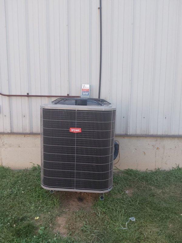 Completed full HVAC system installation including a Bryant 135SAN06000W 5-ton single-stage air conditioner with R454B refrigerant, 916SA66120M24 97% AFUE single-stage gas furnace with constant torque ECM motor, and CVAMA6024XMA cased multipoise evaporator coil. Installed new electrical infrastructure at the outdoor condensing unit including support poles, electrical whip, disconnect box, and fuses to meet code requirements for the air conditioning system.