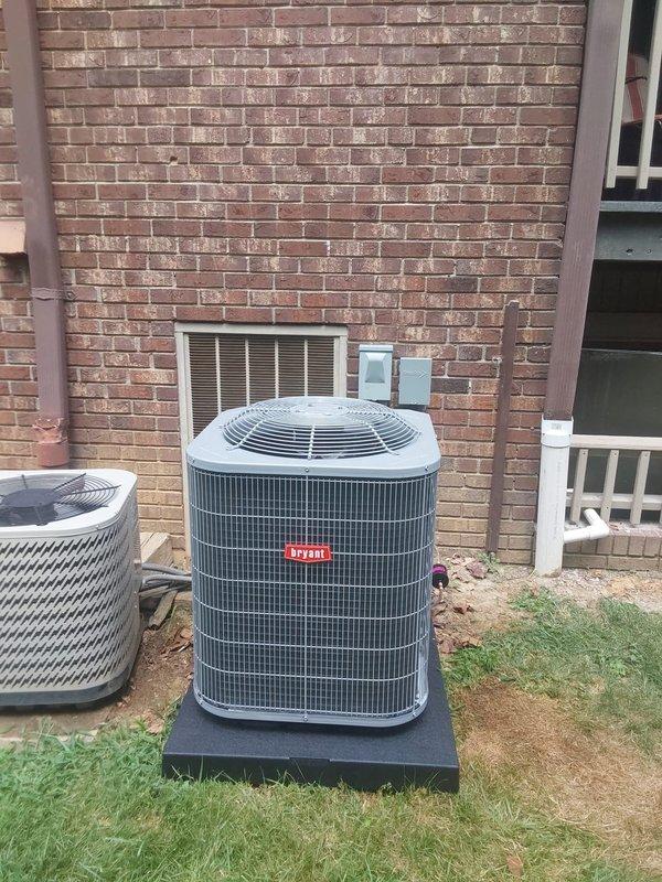 Completed full commercial HVAC system replacement including installation of Bryant GA4SAN52400 2-ton 15 SEER condenser unit utilizing R454B refrigerant and Bryant FJ5ANXB30L00 air handler with 8kW heat strip. Removed existing equipment per EPA disposal specifications and installed new condenser on concrete pad with proper disconnect, whip, and fuses. Flushed existing lineset and connected to new equipment. Fabricated and installed sheet metal transitions to integrate air handler with existing supply and return ductwork in utility closet. Completed all electrical connections, refrigerant piping, and condensate drainage. System tested, charged, and verified operational per manufacturer specifications with proper airflow and temperature differentials across both heating and cooling modes.