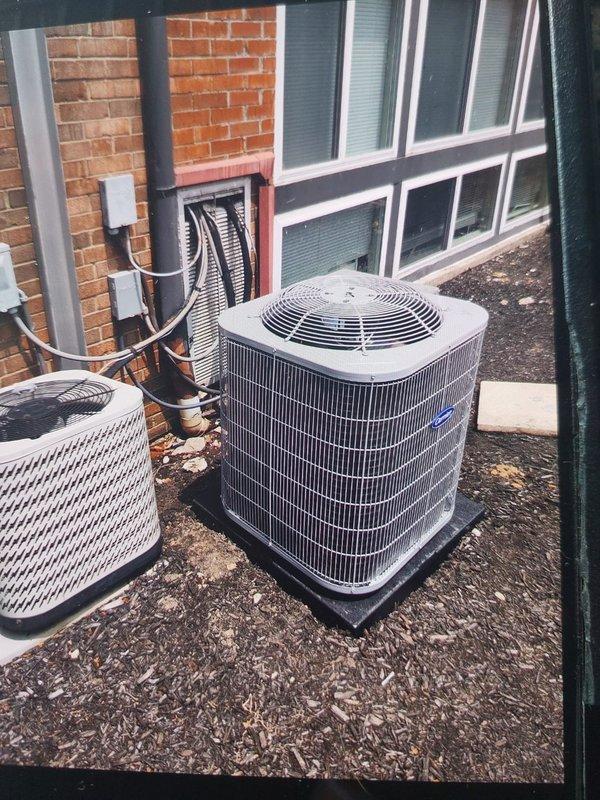 Completed full commercial HVAC system installation including Bryant GA4SAN524 air conditioning condenser unit mounted on equipment pad with proper electrical disconnect and conduit installation, along with BCRMA2124S3N3 water fan coil unit with new air filter. Connected all refrigerant piping and fittings to existing supply lines, installed new programmable thermostat, verified system operation with supply air temperature reading of 130°F, and obtained all required permits for commercial installation.