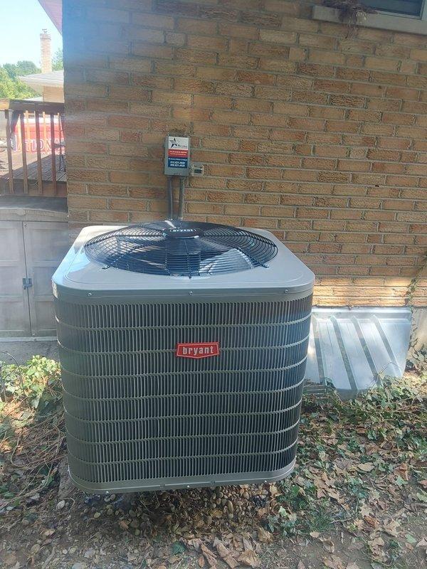Completed full HVAC system replacement including installation of Bryant 926TC48060V17 96% AFUE variable-speed two-stage gas furnace with constant torque ECM motor, Bryant 148TAN03600W 3-ton two-stage air conditioner utilizing R454B refrigerant, and CVAVA3617XMA cased vertical V-coil evaporator coil compatible with R454B refrigerant. Installed Bryant 16x25x4 media filter kit for enhanced air filtration, new electrical whip with disconnect box, fuses, and support poles at outdoor condenser unit, and whole-system surge protection device to safeguard equipment from electrical surges.