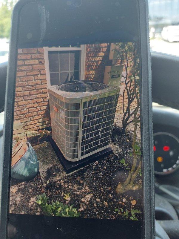 Completed full HVAC system installation including a 3.5-ton single-stage air conditioning unit (146SAN04201W) with R454B refrigerant and matching cased vertical evaporator coil (CVAVA4221XMA). Installed new outdoor condenser pad, electrical disconnect box with fuses, and performed lineset nitrogen purge, flush, and pressure leak test to ensure system integrity. Reconnected all components to existing furnace, ductwork, and drain line, and replaced thermostat with Ecobee unit for enhanced system control.