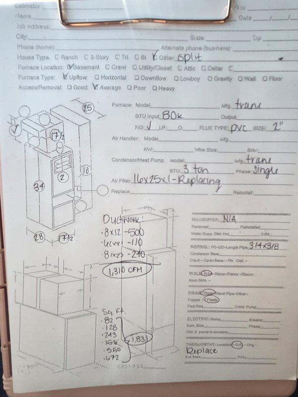 Performed comprehensive estimate for non-operational 10-year-old Trane 3-ton split system air conditioning unit. Documented existing 80k BTU upflow furnace configuration, assessed average access conditions, and evaluated complete HVAC system including air handler, condenser units, and ductwork layout with 1,310 CFM calculations. Recommended full system replacement including new thermostat and 16x25x1 air filter specifications.