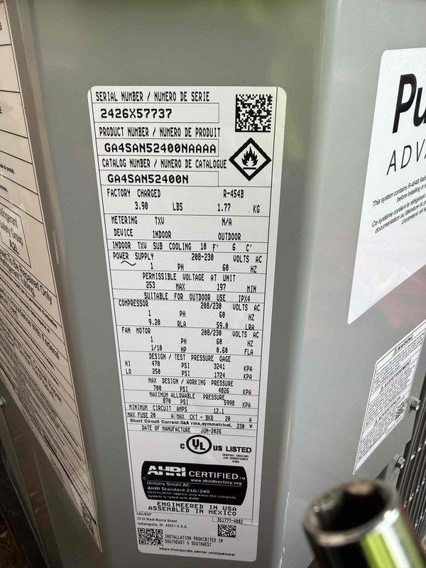 Completed full HVAC system replacement in commercial application, installing Bryant 2-ton 14 SEER condensing unit (model GA4SAN52400N), Bryant evaporator coil (model CVAVA2414), and Bryant 80% efficiency gas furnace (model 800SB36070) in confined utility space. Flushed refrigerant lines and fabricated custom sheet metal transitions to connect new equipment to existing ductwork supply and return plenums. Installed electrical disconnect, whip connection, and verified proper 208/230V power supply to condensing unit. Removed and disposed of existing HVAC equipment in accordance with EPA refrigerant recovery regulations. Obtained necessary permit for installation and completed work to code specifications.