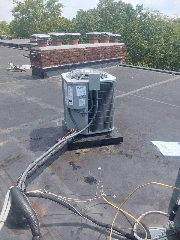 Completed full HVAC system replacement at multi-unit residential property, installing Bryant FJ5ANXB24L00 air handler with 8kW electric heat pack in interior closet space and Bryant GA4SAN52400N 2-ton 14 SEER condenser with R454B refrigerant on rooftop. Fabricated and installed sheet metal connections to integrate with existing supply and return ductwork, flushed existing refrigerant lines, and installed outdoor disconnect with whip, pad, and fuses. Removed and disposed of existing equipment per EPA specifications, obtained necessary permit, and completed all electrical and refrigerant connections to ensure proper system operation.