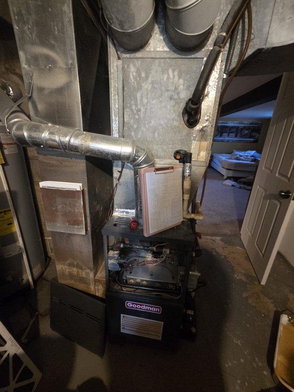 Provided estimate for complete HVAC system replacement due to existing R22 system with refrigerant leak causing loss of cooling capacity. Assessed current Goodman furnace installation and existing thermostat wiring configuration to determine replacement specifications and compatibility requirements for new equipment installation.