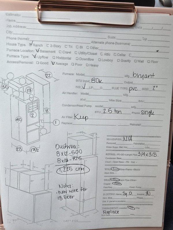 Conducted comprehensive HVAC system evaluation for complete replacement estimate. Assessed existing Rheem condenser unit positioned on ground-level installation without proper pad, along with 80k BTU Bryant furnace system in basement upflow configuration. Documented system specifications including 2.5-ton single-phase condenser, existing 3/4" x 3/8" refrigerant line set, 2" PVC flue venting, and calculated required airflow at 1,776 CFM for proper system sizing and ductwork configuration of 8x12 and 8x14 dimensions.