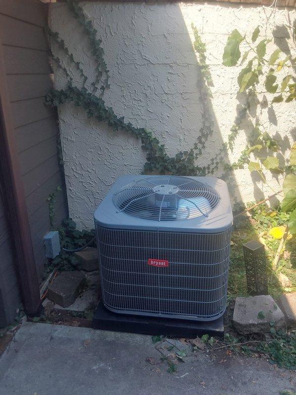 Completed commercial air conditioning system replacement including installation of Bryant GA4SAN536 3-ton 14 SEER condenser with R454 refrigerant and Bryant CVAVA3617 evaporator coil with 17"-14" coil adapter. Flushed and reused existing refrigerant lines, installed outdoor disconnect and whip, and disposed of old equipment per EPA regulations. System tested and operational upon completion.