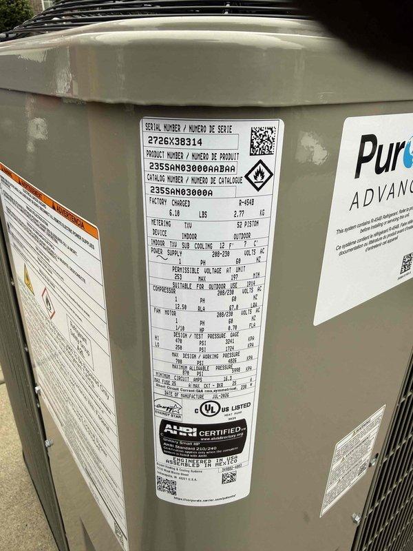 Completed full HVAC system installation including 14 SEER2 heat pump with constant torque air handler. Performed lineset nitrogen purge, RX11 flush, and pressure leak test to ensure system integrity. Installed new 15kw heat kit, wet switch in attic, outdoor pad, disconnect box with fuses, and pump ups for winter snow line protection. Reconnected unit to existing ductwork and replaced thermostat with Honeywell T6 model. System tested and operational upon completion.