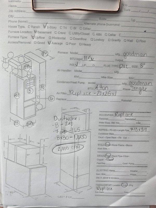 Completed comprehensive estimate for complete HVAC system replacement including Goodman furnace (119,000 BTU input) with 8-inch DVC air handler and Goodman 4-ton single-phase condenser unit. Evaluated existing basement installation, documented ductwork specifications with calculated airflow at 2005 CFM, and provided recommendations for 20x25x1 air filter replacement, humidifier replacement, and associated refrigerant line work.