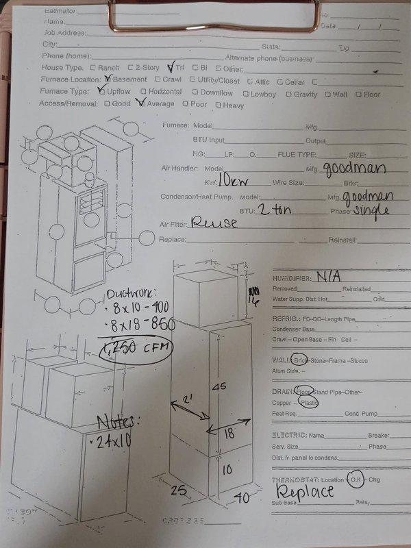 Conducted comprehensive estimate for complete HVAC system replacement on a 23-year-old original equipment installation in a 2003-built ranch-style tri-level home with basement furnace location. Property currently has no air conditioning system. Evaluated existing ductwork configuration measuring 1750 CFM capacity with documented duct dimensions of 8x10 (900 CFM) and 8x18 (860 CFM) sections. Assessed electrical panel capacity and circuit availability for new equipment installation. Recommended Goodman air handler with 10kW heating element and 2-ton cooling capacity, single-phase configuration. Specified reuse of existing air filter housing and replacement of thermostat. Noted average access and removal difficulty rating for equipment replacement in basement location.