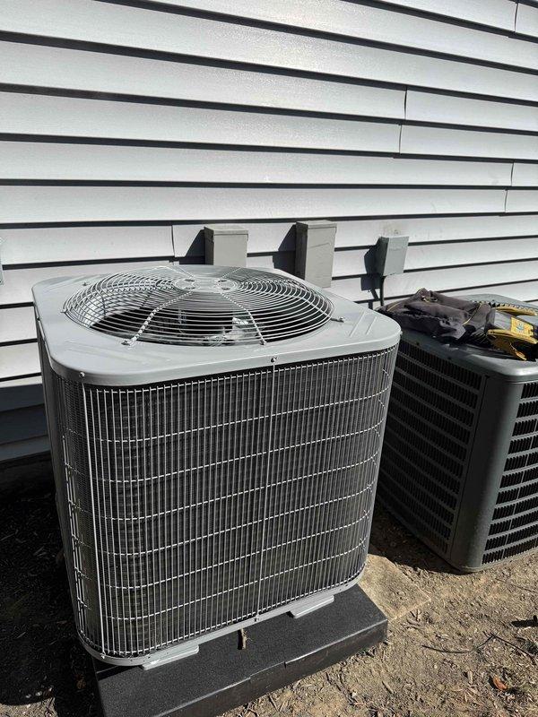 Installed a new Bryant GH5SAN518 1.5-ton 15 SEER heat pump (R-454B) on a new pad with a new FJ5ANXA18 air handler and 8 kW heat strip, including pad fuses, a new outdoor disconnect and whip, and a flush of the existing refrigerant lines. The old equipment was removed and disposed of per EPA specifications. System startup confirmed proper operation, with a 56.4°F supply air reading at the register.