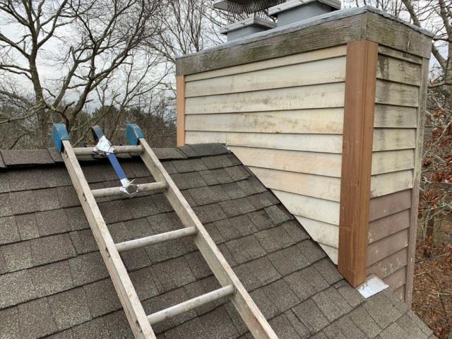 Charlestown, RI - Just completed a roof and siding repair in Charlestown RI. Removed damaged siding and step flashings. Installed new wood clapboard siding. Charlestown, RI - Just completed a roof and siding repair in Charlestown RI. Removed damaged siding and step flashings. Installed new wood clapboard siding.