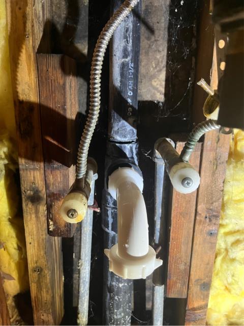 Wood floors discolored and warping by bathroom. Removed wood panel under right side bathroom sink and found abs vent broken at tee.
Cut out existing tee and replaced with new one. replaced p-trap & pop-up that broke at threads as well with new ones. 