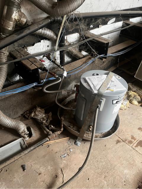 INSTALL A NEW 10 GAL 120V ELECTRIC WATER HEATER WITH NEW FLEX LINES THEN TEST FOR LEAKS AND OPERATION