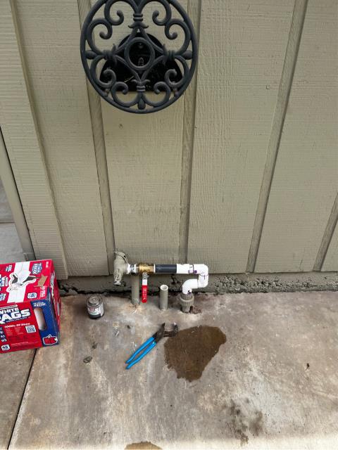 Sprinkler system feed on back patio leaking from pvc male adapters. Cut out existing pipes and installed 1” ips isolation valve. Connected with 1” pvc schedule 80 nipple. Had to offset with pvc 90’s to accommodate pipes not lining up properly causing stress to pvc pipes. Turned water back on checked for leaks