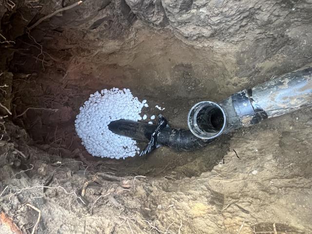 Camera line, found where line has problems, dug up next to sidewalk, removed bad section of sewer, made repairs, installed new, clean out, salted connection to clay for roots, backfield, and cleaned up all areas of work.