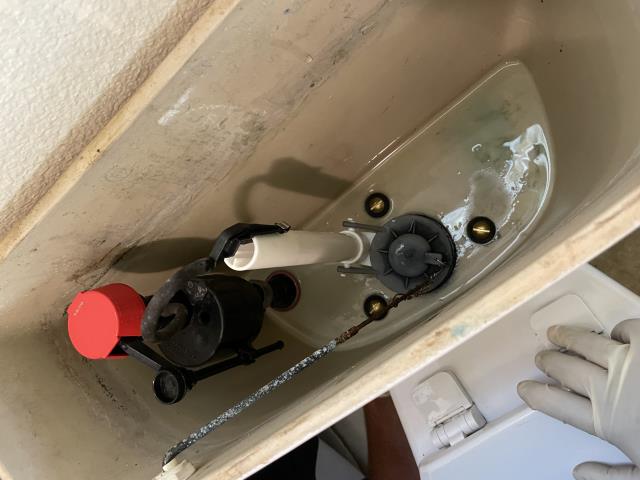 I arrived at the property and found a toilet leaking from the tank to the bowl. I used a tank to bowl kit and replaced the parts. I tested the toilet and it is now working properly.