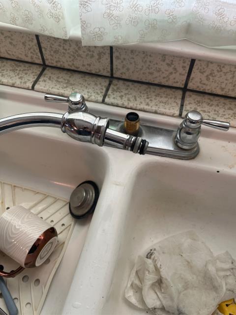 Arrived on property and found the kitchen faucet spout leaking from a bad o-ring. Replaced o-ring, tested for proper function, good, no more leaks found.