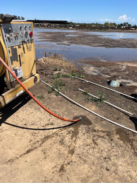 Dairy drains were clogged up. Took the big flusher out and was able to get the lines to clear after a bit. Ran water to test & all is flowing as it should be at this time.