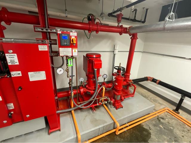 
We completed a NFPA 25-required annual inspection of an electric fire pump system. This inspection included a thorough evaluation of the pump, controller, and associated piping, as well as a flow test at the test header to ensure proper operation under demand conditions. Regular inspections like these are essential for keeping your fire pump system in good working order and ensuring it meets code requirements and insurance standards.