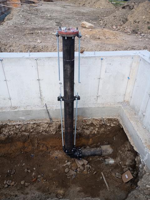 Our team just completed the installation of new underground fire protection piping for an upcoming project. The piping was set, aligned, and prepared for connection to the building’s fire sprinkler system, ensuring a reliable and compliant water supply for future fire protection needs.