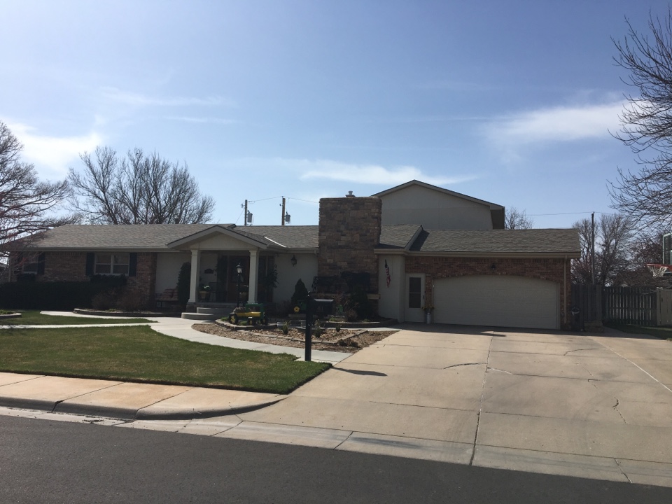 Great Bend, KS - Recent completed this roof using Malarkey Legacy IR shingles in the Natural Wood color, we also installed 5" seamless guttering and downspouts. Great Bend, KS - Recent completed this roof using Malarkey Legacy IR shingles in the Natural Wood color, we also installed 5" seamless guttering and downspouts.