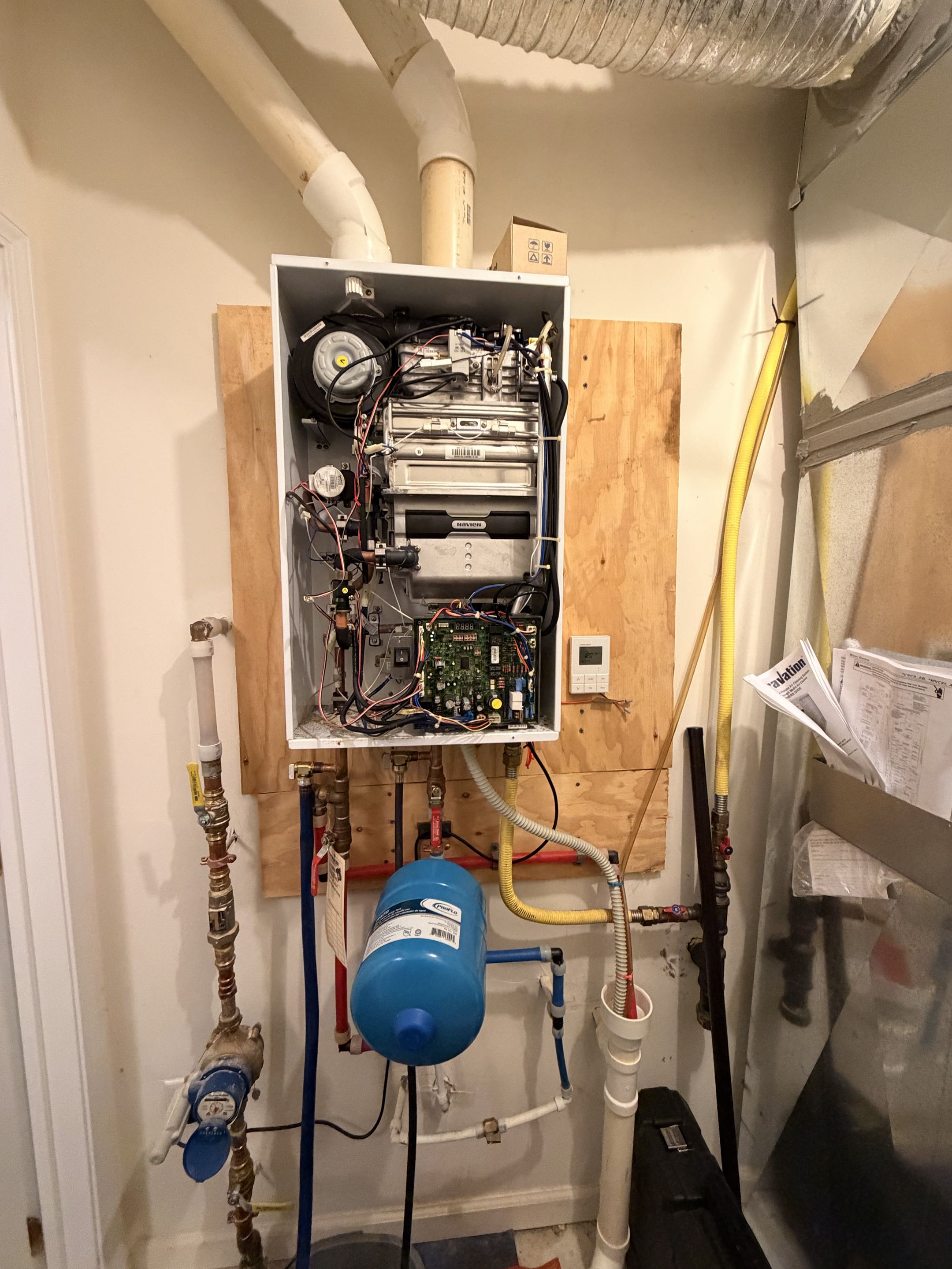 Replaced Navien tankless that blew pin hole leak inside heat exchanger. Installed a new Navien tankless with built in recirculating pump. 