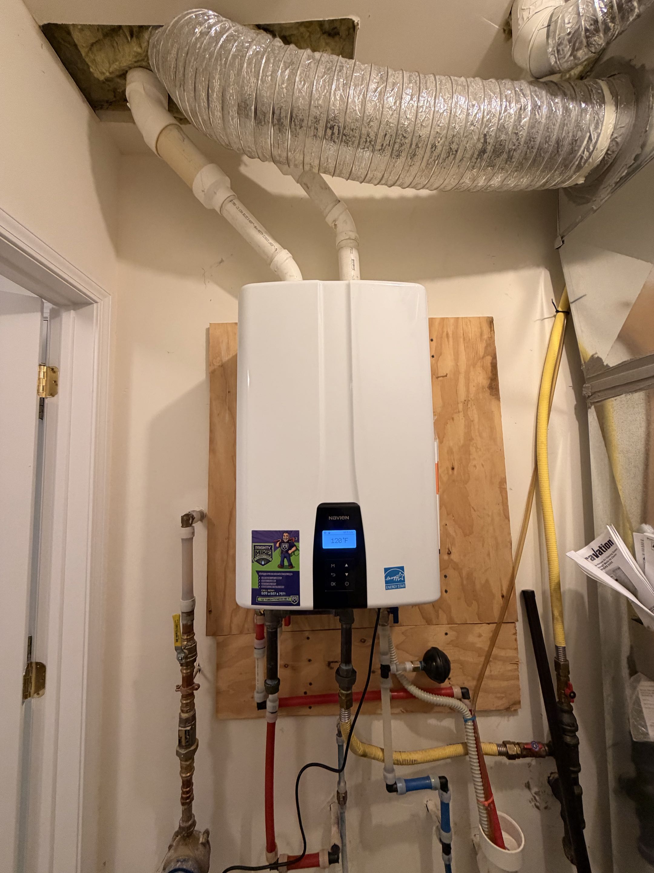 Replaced Navien tankless that blew pin hole leak inside heat exchanger. Installed a new Navien tankless with built in recirculating pump. 