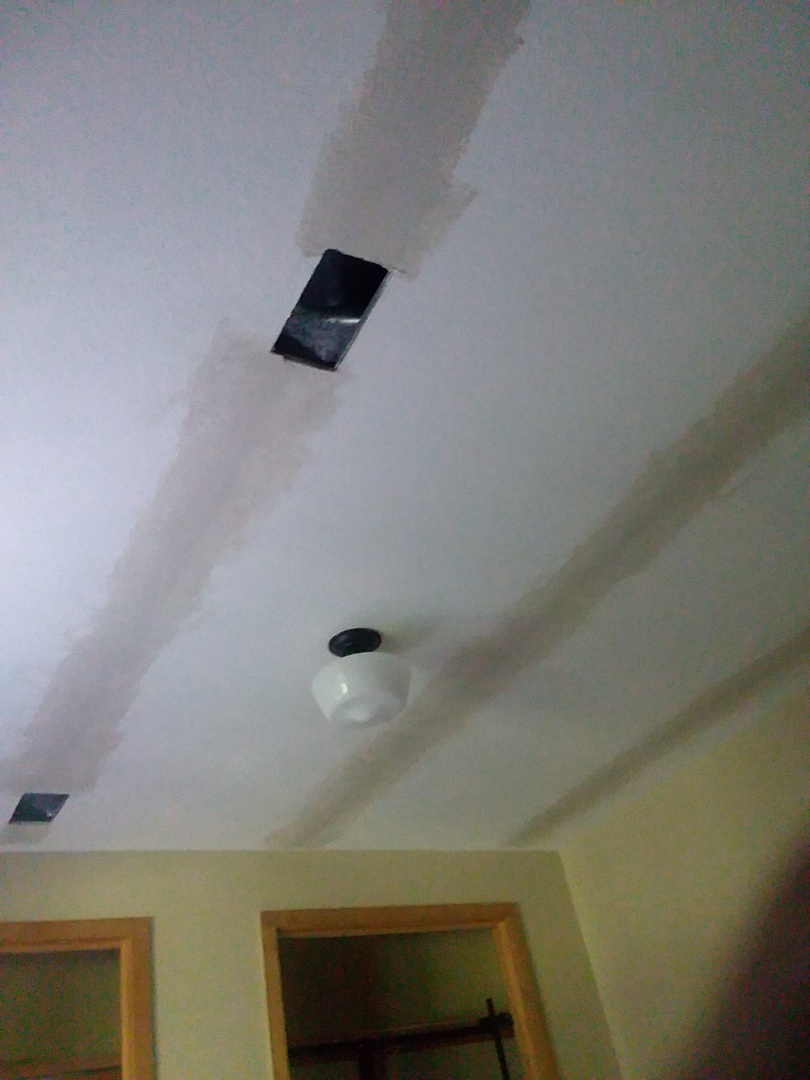 Cannon Township, MI - Finishing a quick seam repair on a customer's basement ceiling after a slow water line leak on the main floor. It's always a good idea to do a walk through of your home to look and listen for water issues before leaving on vacation. Cannon Township, MI - Finishing a quick seam repair on a customer's basement ceiling after a slow water line leak on the main floor. It's always a good idea to do a walk through of your home to look and listen for water issues before leaving on vacation.