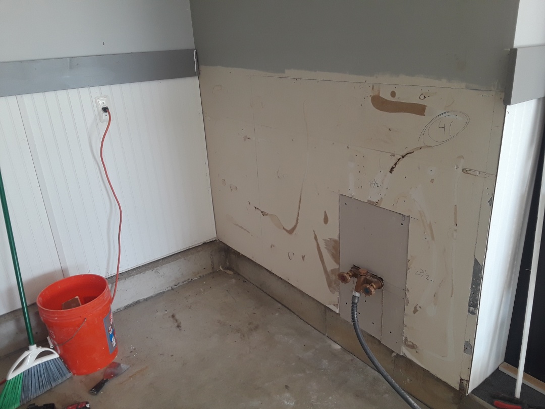 Georgetown Township, MI - Drywall and wainscoting damaged by a broken pipe. Plumbing and drywall has been replaced. I'm about to install new wainscoting and trim Georgetown Township, MI - Drywall and wainscoting damaged by a broken pipe. Plumbing and drywall has been replaced. I'm about to install new wainscoting and trim