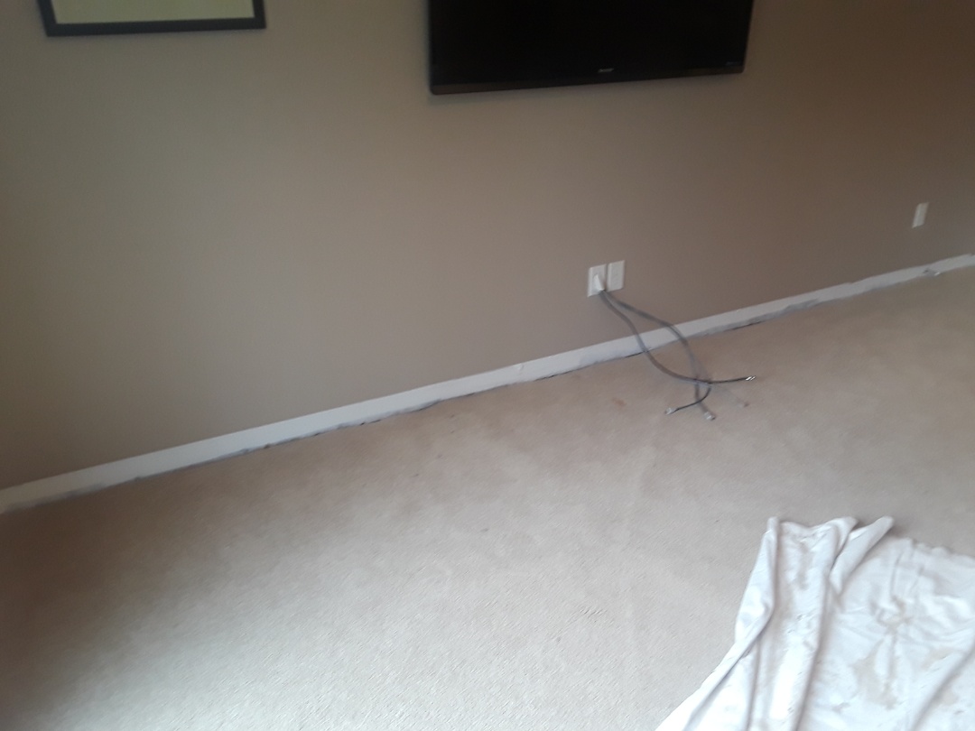 Grandville, MI - A foundation leak caused the basement carpet to get a little wet. I removed the baseboard molding and tack strip. I also treated the cement slab, pad and carpet with antimicrobial spray Grandville, MI - A foundation leak caused the basement carpet to get a little wet. I removed the baseboard molding and tack strip. I also treated the cement slab, pad and carpet with antimicrobial spray