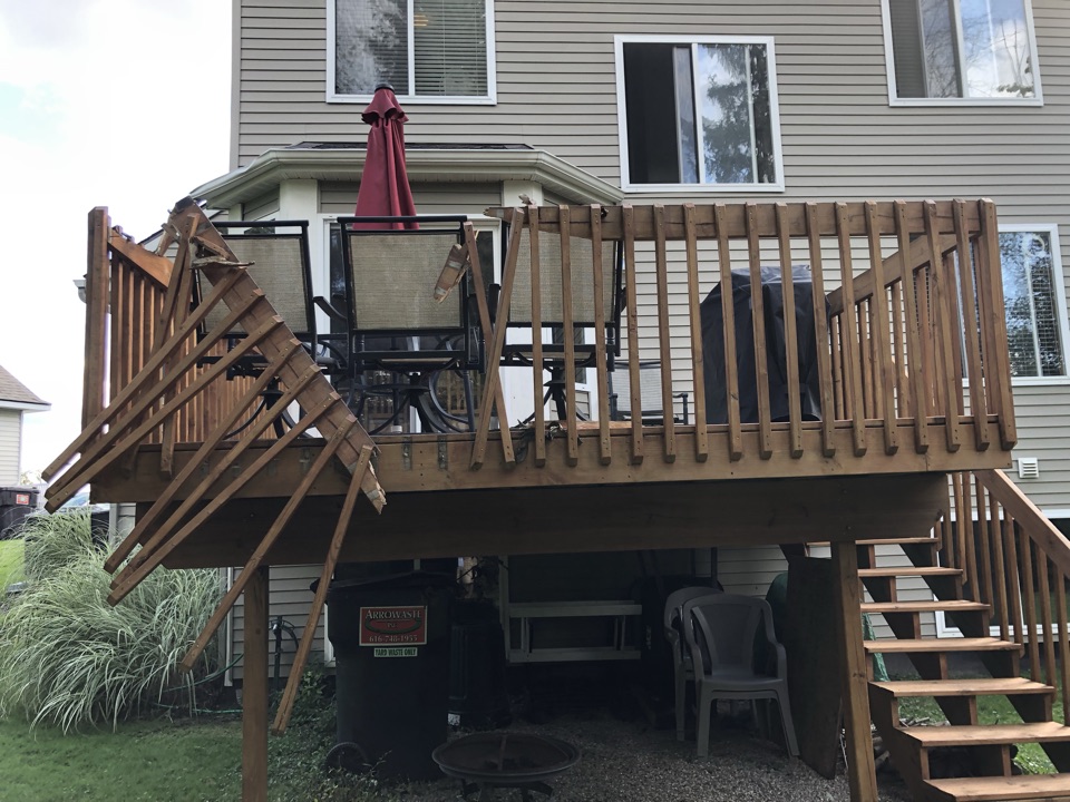 Kentwood, MI - Wind and rain storm damage to deck, and gutters. Scoping work of the storm damage restoration. Kentwood, MI - Wind and rain storm damage to deck, and gutters. Scoping work of the storm damage restoration.