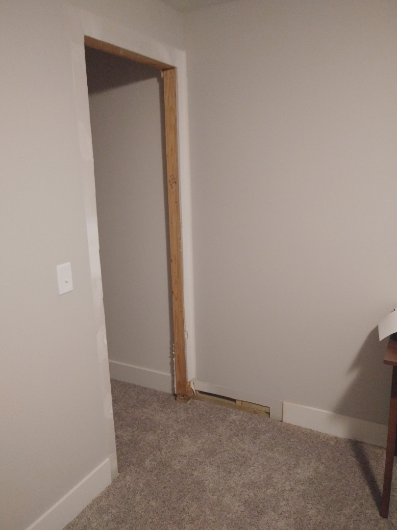 Hudsonville, MI - After the damaged door is removed. I also cut back some damaged baseboard. The drywall had a little bit of mold so I cut that away as well. Luckily there was none on the back Hudsonville, MI - After the damaged door is removed. I also cut back some damaged baseboard. The drywall had a little bit of mold so I cut that away as well. Luckily there was none on the back