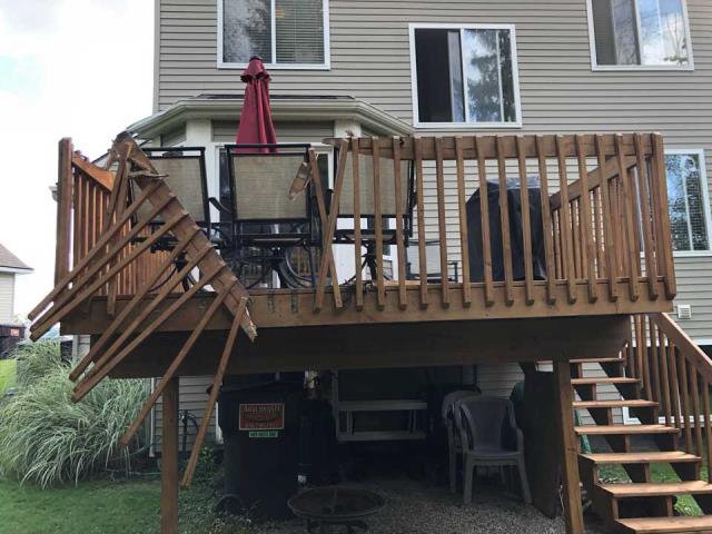 Grand Rapids, MI - Wind and rain storm damage to deck, and gutters. Scoping work of the storm damage restoration. Grand Rapids, MI - Wind and rain storm damage to deck, and gutters. Scoping work of the storm damage restoration.