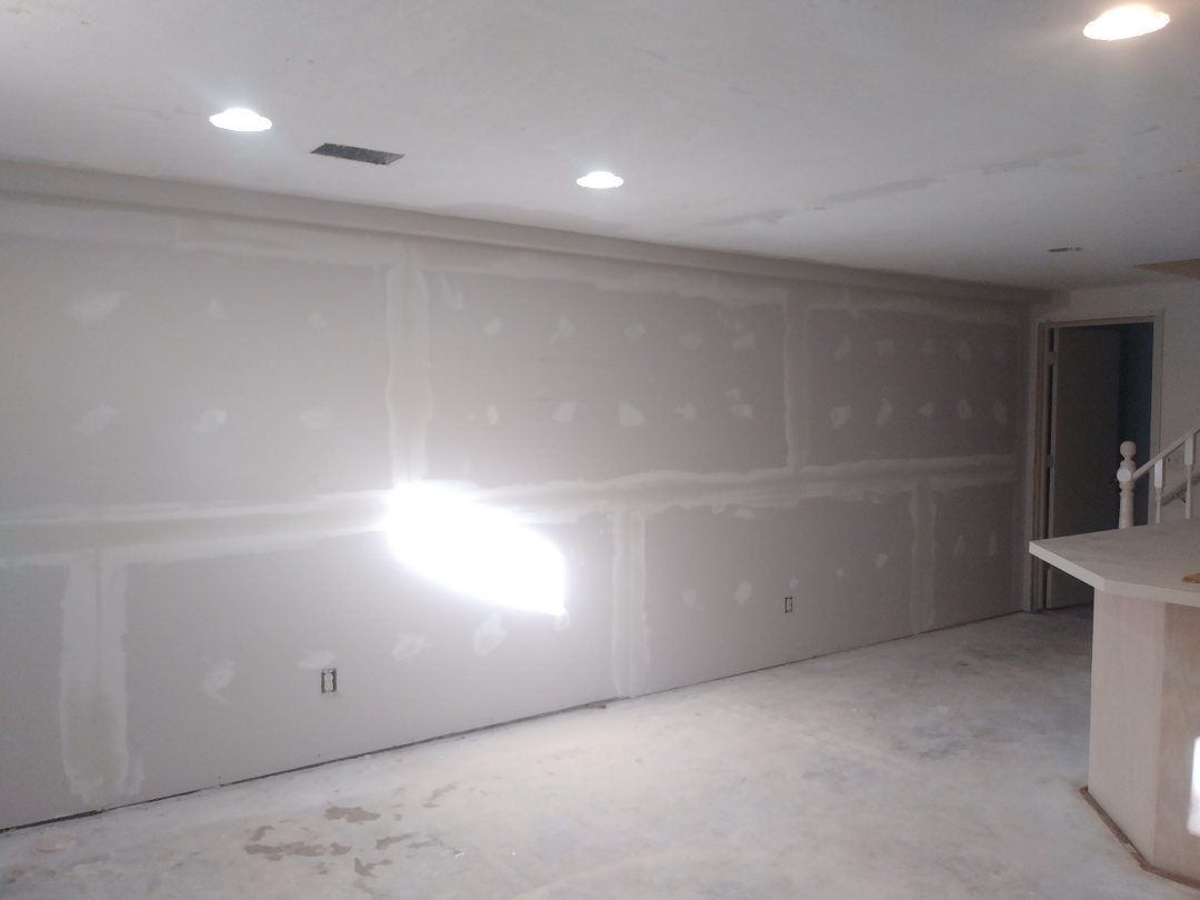 Hudsonville, MI - Built a bulkhead to cover a relocated pipe. Hung drywall. Installed corner bead and got a coat ot mud on. Good day Hudsonville, MI - Built a bulkhead to cover a relocated pipe. Hung drywall. Installed corner bead and got a coat ot mud on. Good day