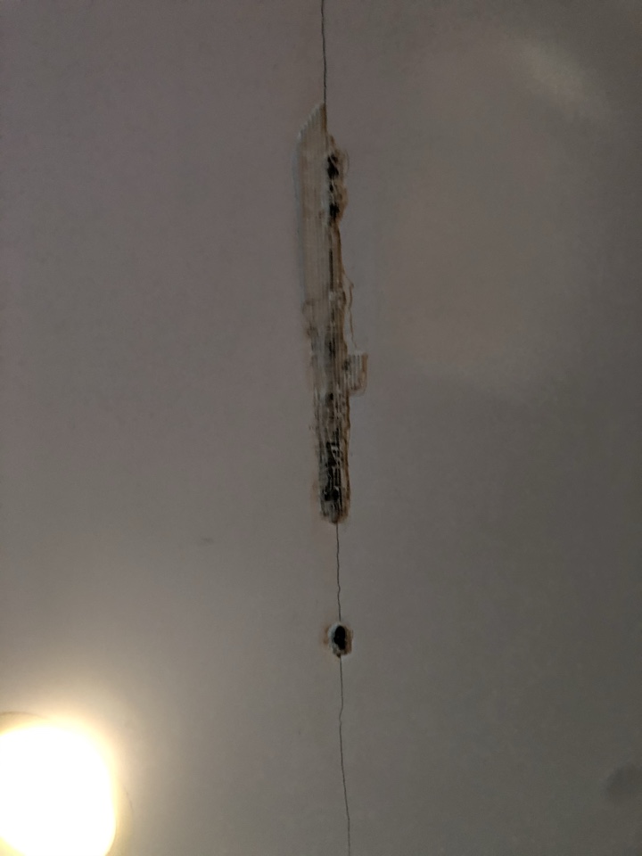 Grand Rapids, MI - Water damage inspection. Toilet overflow from upstairs bathroom. Plaster damage to the living room ceiling on the main floor. Dehumidifer set up. Drying the structure in place. Grand Rapids, MI - Water damage inspection. Toilet overflow from upstairs bathroom. Plaster damage to the living room ceiling on the main floor. Dehumidifer set up. Drying the structure in place.