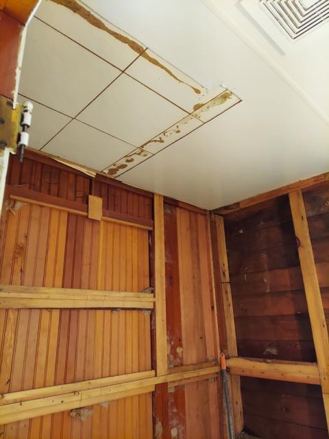 Grand Rapids, MI - Water damage to basement bathroom. Shower head broke. Water damage to shelving unit and vinyl flooring. Grand Rapids, MI - Water damage to basement bathroom. Shower head broke. Water damage to shelving unit and vinyl flooring.
