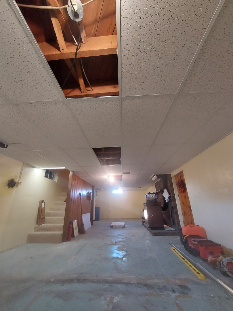 Wayland, MI - We made great progress today. Got all the ceiling tiles in place. The empty spots are for lights in the future. Wayland, MI - We made great progress today. Got all the ceiling tiles in place. The empty spots are for lights in the future.