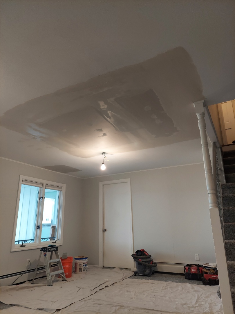 Georgetown Township, MI - I squared up the jagged hole. Hung new 5/8" drywall and applied 3 coats of mud. Not bad for a days work. I'll be back tomorrow to sand and texture the ceiling. Georgetown Township, MI - I squared up the jagged hole. Hung new 5/8" drywall and applied 3 coats of mud. Not bad for a days work. I'll be back tomorrow to sand and texture the ceiling.
