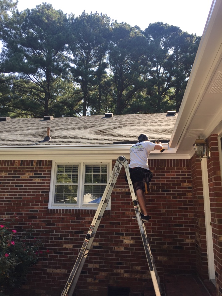 Virginia Beach, VA - Installing LeafGuard gutters. Virginia Beach, VA - Installing LeafGuard gutters.