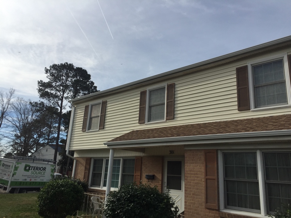 Virginia Beach, VA - New 5” K-Style gutters with 3x4 downspouts. Virginia Beach, VA - New 5” K-Style gutters with 3x4 downspouts.