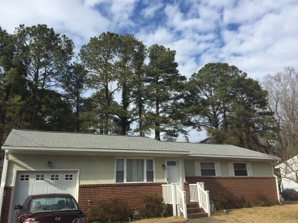 Chesapeake, VA - New LeafGuard gutters and GAF roofing system complete. Chesapeake, VA - New LeafGuard gutters and GAF roofing system complete.